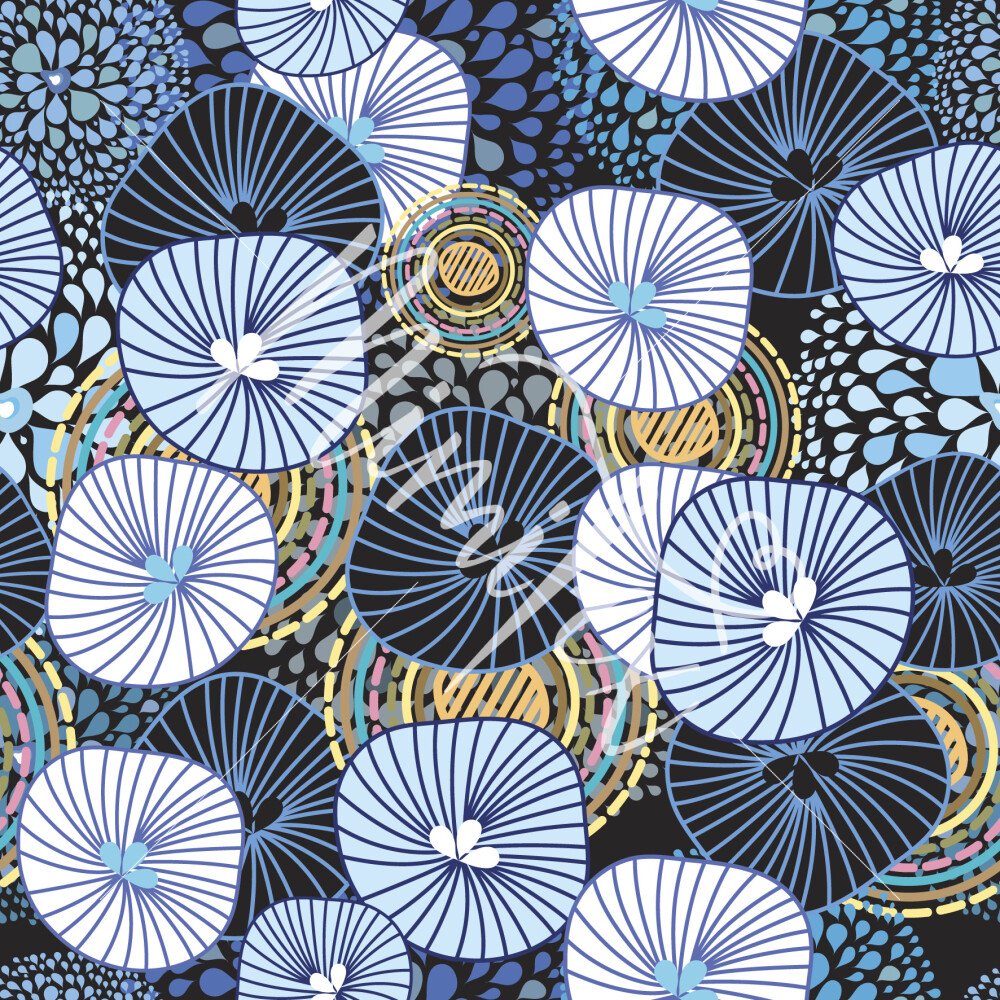 French Terry, blaue abstrakte Blumen