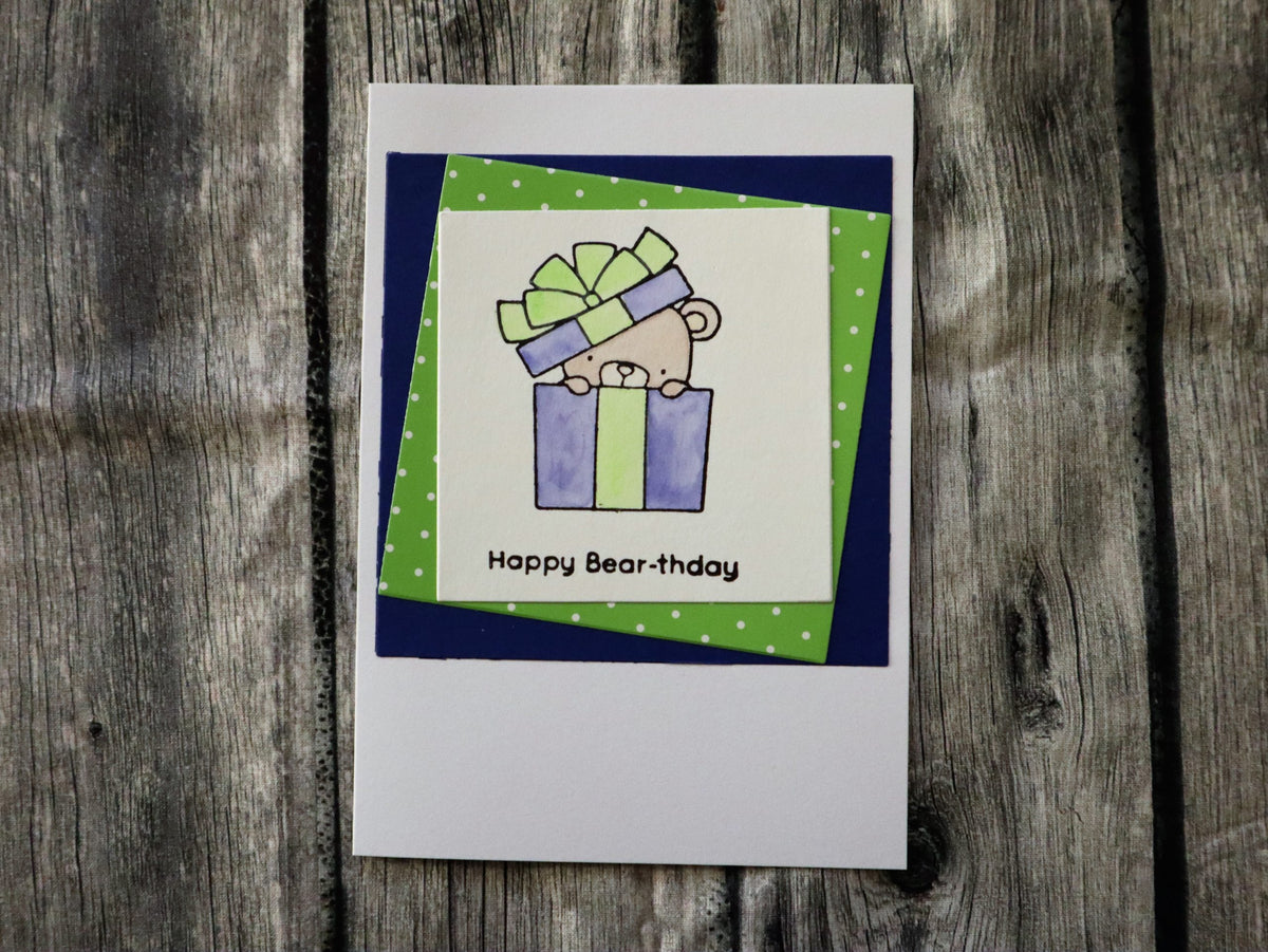 Geburtstagskarte Teddy Geschenk blau-grün