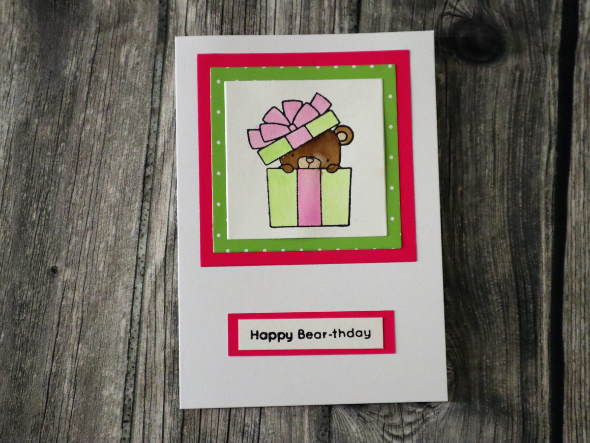 Geburtstagskarte Teddy Geschenk grün-pink