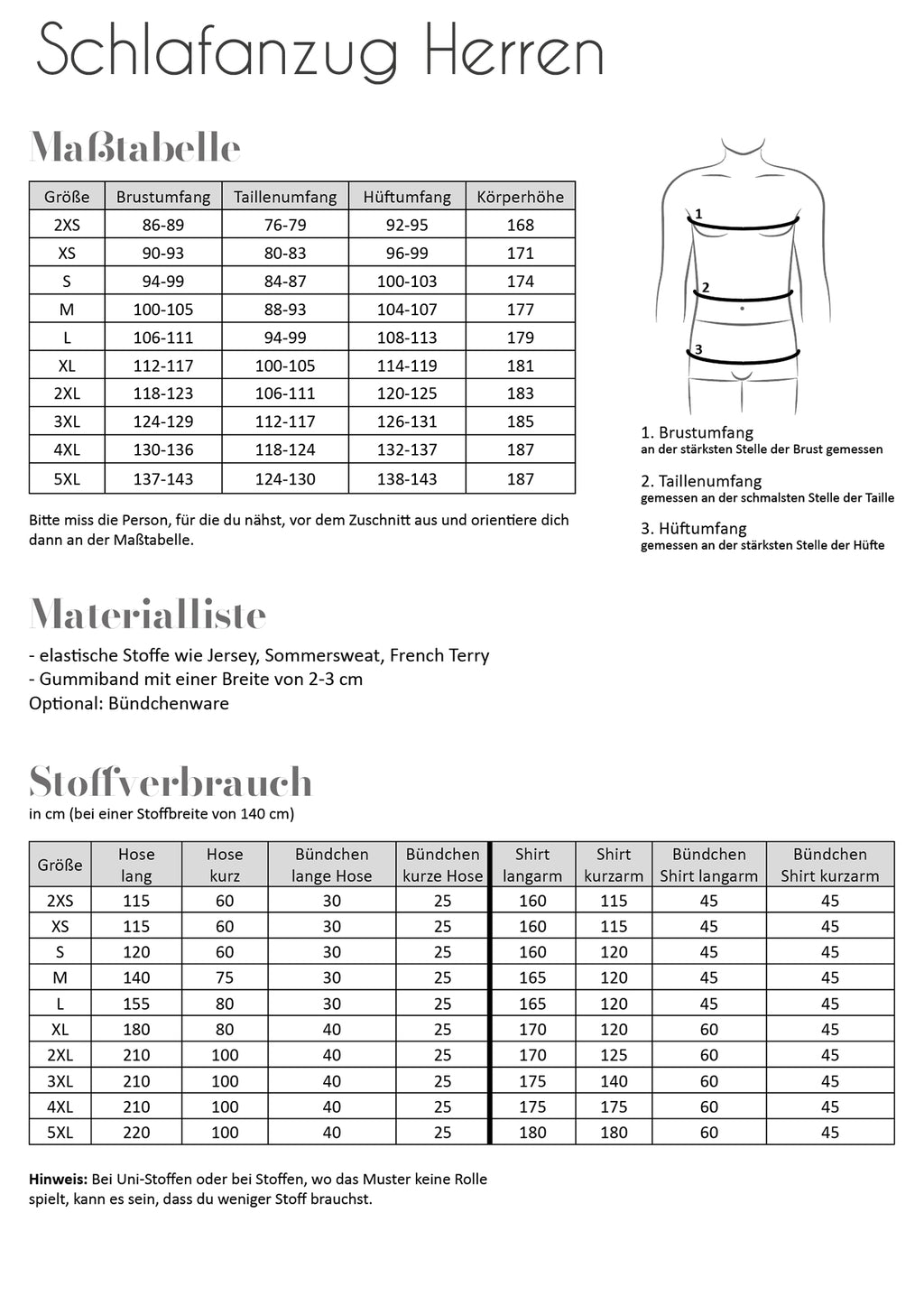 Papierschnittmuster Schlafanzug Herren