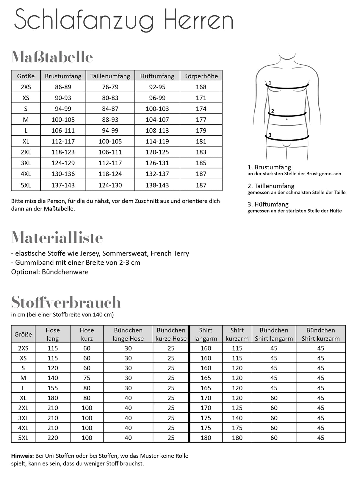 Papierschnittmuster Schlafanzug Herren