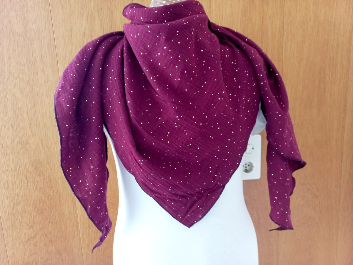 Musselin Dreiecksschal bordeaux mit Goldpunkten