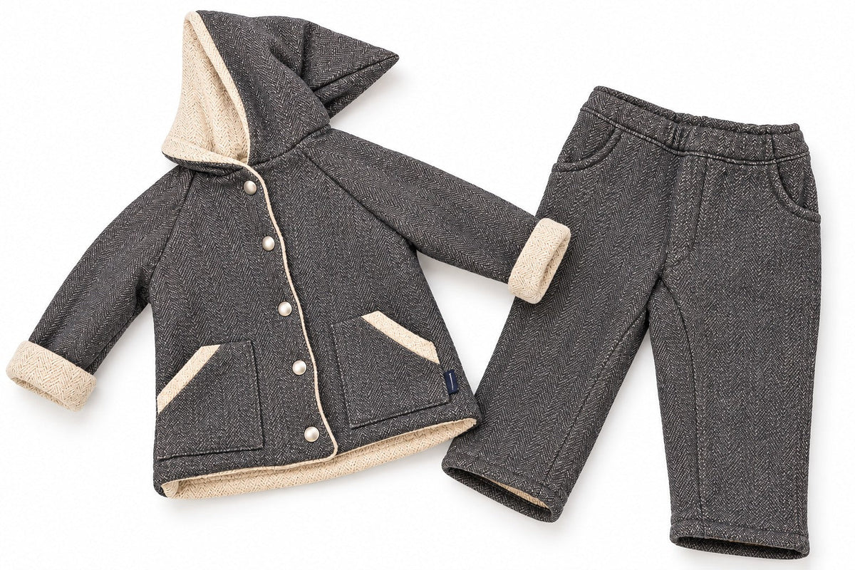 Kleiderset Blau Grösse 68 mit Kapuzenjacke und Hose, freigestellt auf weissem Hintergrund