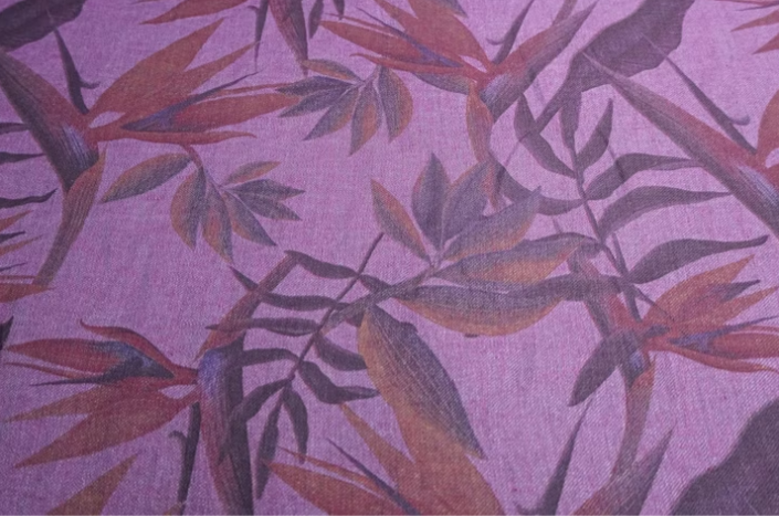 Leinen "cross-dye" bedruckt Blätter fuchsia/hellgrau
