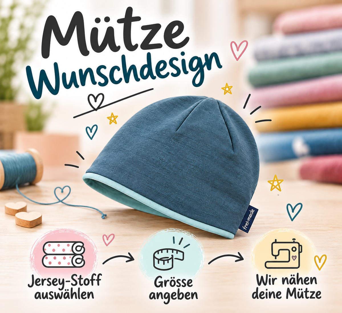 Mütze Wunschdesign – Jersey-Stoff auswählen, Grösse angeben, frei-made näht deine Mütze